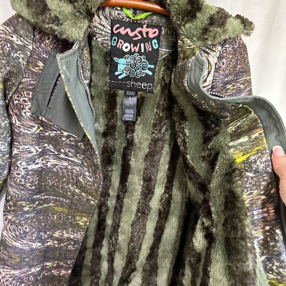 CUSTO Growing Sheep army green print faux fur lining trench coat 8 - Picture 8 of 14